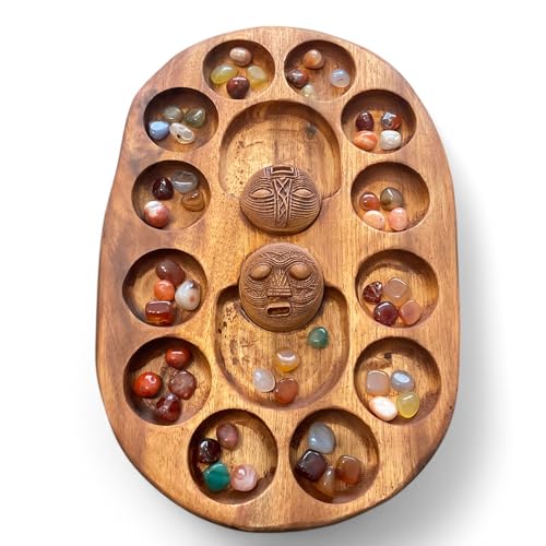 Traditionelles Oware-Brettspiel, Handgefertigt aus Akazienholz, 26x18x2 cm, mit Susu-Geistern und Edelstein-Spielsteinen von Maninka arts & crafts