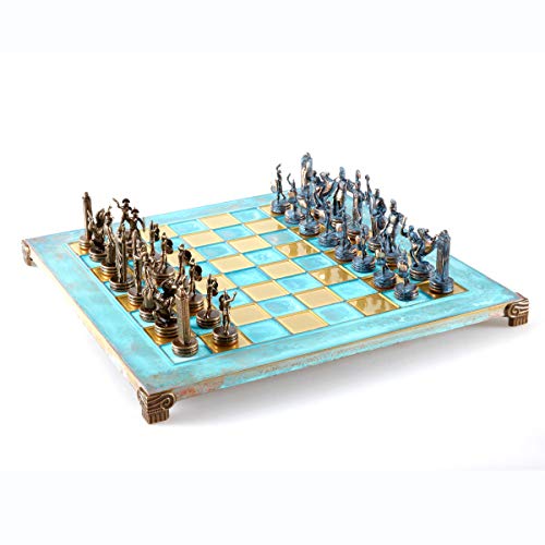 Griechische Mythologie Schach-Set, Blau und Kupfer mit blau oxidiertem Brett von Manopoulos