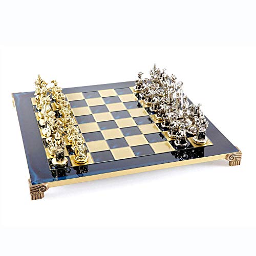 Manopoulos Knights Chess Set - Brass&Nickel - Blue Chess Board von Manopoulos