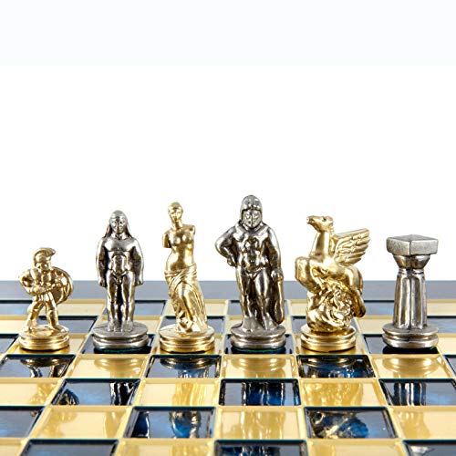 Manopoulos Spartan Warriors Schachspiel-Set, Messing und Nickel, blaues Schachbrett von Manopoulos