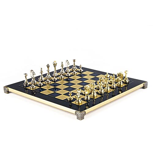 Manopoulos Staunton Schach-Set aus Metall, klassisches Design, Messing, Nickel, blaue Schachbrett-Figuren von Manopoulos