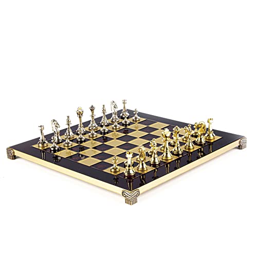 Staunton Schach-Set aus Metall, klassisches Design, aus Messing, Nickel, rotes Schachbrett von Manopoulos
