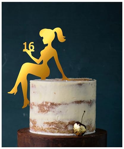Girl, birthday, Tortenfigur, Cake Topper, Mädchengeburtstag, sweet 16, sweet 18, Zahl, TopperZahl, Geburtstag, Geburtstagsdeko, Dekoration (Gold (einseitig verspiegelt), 16) Art. Nr. 5361 von Manschin-Laserdesign