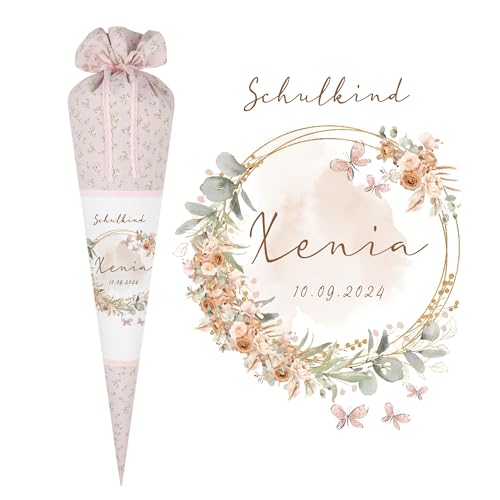 Manufaktur Liebevoll Eukalyptus Schultüte Mädchen Einschulungstüte Name personalisiert Boho Schultüte Stoff Vintage Rosa Blumen Mädchen Zuckertüte Schulkind 2025 I (Blumenranke) von Manufaktur Liebevoll