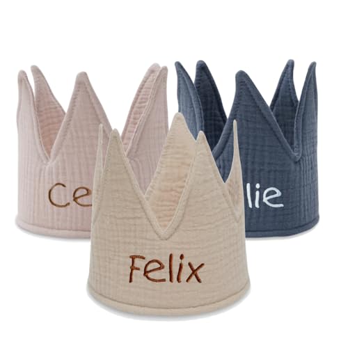 Manufaktur Liebevoll | Geburtstagskrone Personalisiert ab 1. Geburtstag Kind Stoffkrone Musselin mit Namen Krone Mädchen Junge (Beige) von Manufaktur Liebevoll