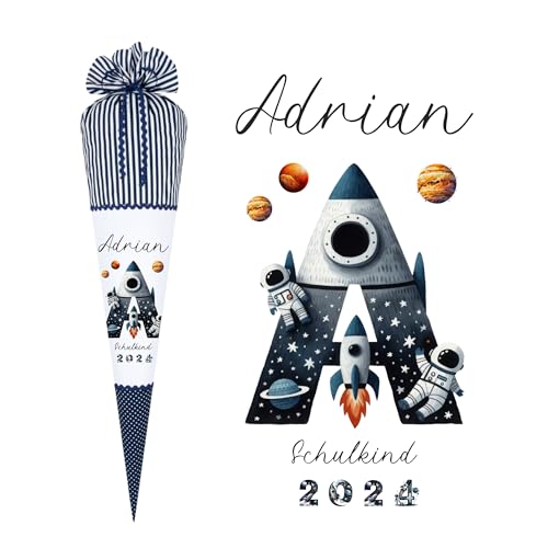Manufaktur Liebevoll Schultüte Junge Weltall Astronaut Monogramm Weltraum Einschulungstüte Name personalisiert Stoff Schultüte Rakete Zuckertüte Schulkind 2025 I (Rakete Buchstaben) von Manufaktur Liebevoll