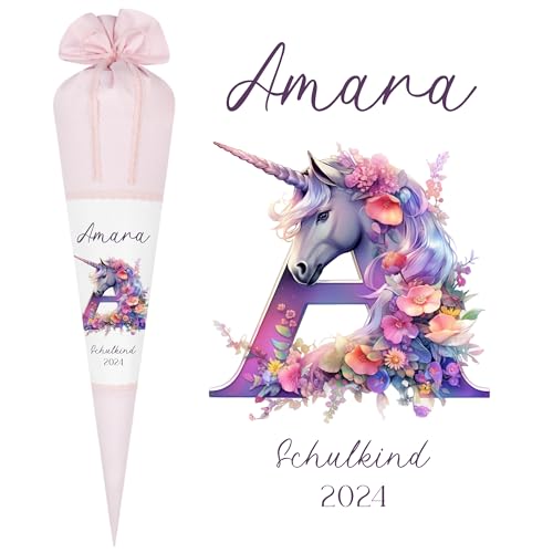 Manufaktur Liebevoll Schultüte Mädchen Einhorn Einschulungstüte Mädchen Name personalisierte Monogramm Buchstaben Stoff Schultüte Pferd Zuckertüte Pony Schulkind 2025 I (Einhorn Buchstaben) von Manufaktur Liebevoll