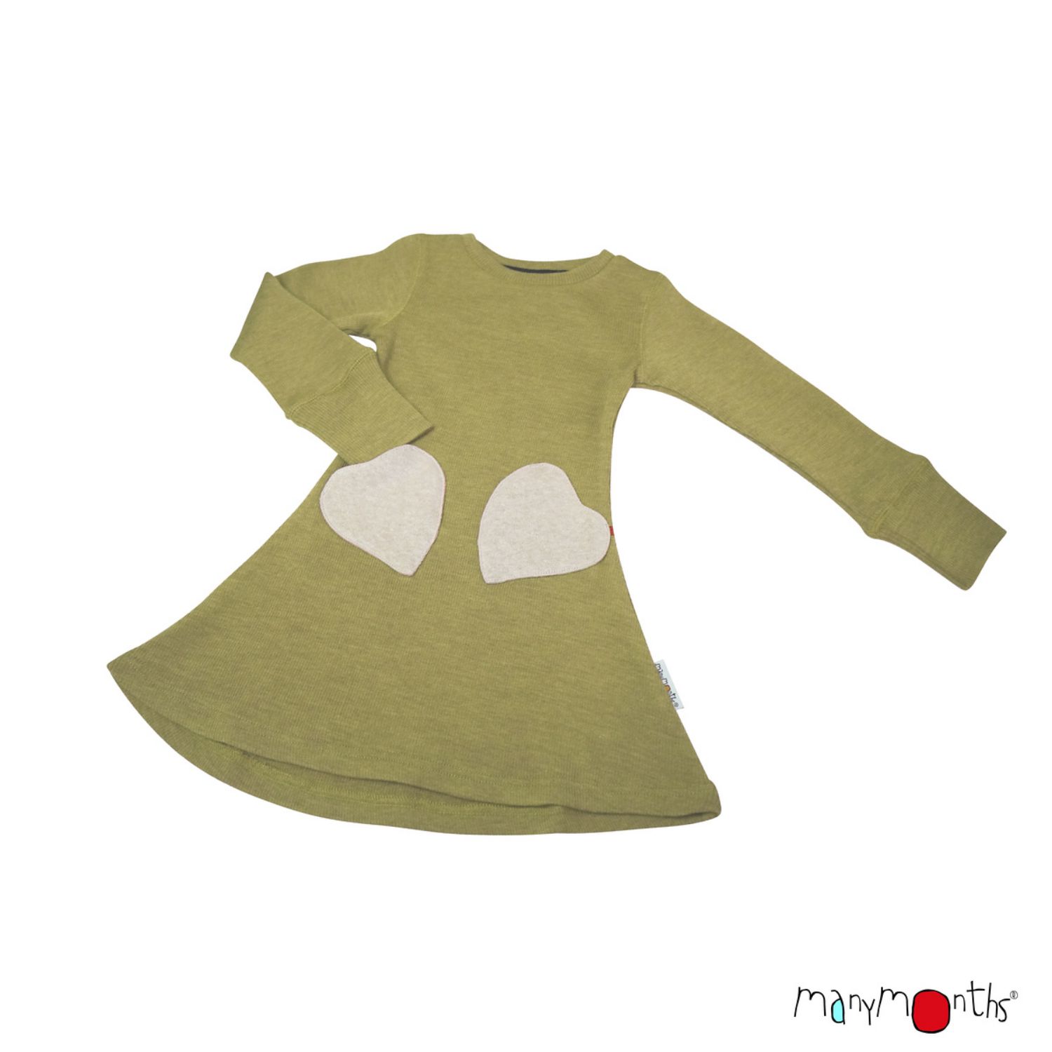 ManyMonths Kleid mit Herz-Taschen (Langarm) aus Wolle - Conquerer (98 - 104/110) Pea Puree von ManyMonths