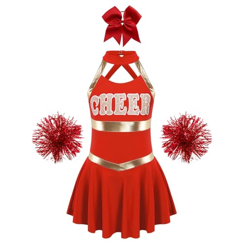 Manyakai Cheer Leader Kostüm Mädchen Cheerleaderin Uniform Streifen Patchwork Kleid Ärmellos Tanzkleid Mit Socken Pompons Poms Für Fasching Karneval G Rot 134-140 von Manyakai