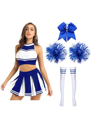 Manyakai Cheerleaderin Kostüm Damen Sexy Schulmädchen Uniform Neckholder Crop Top Mit Faltenrock Schleife Stirnband Pompoms Und Strümpfe Tanzkleidung Blau A M von Manyakai