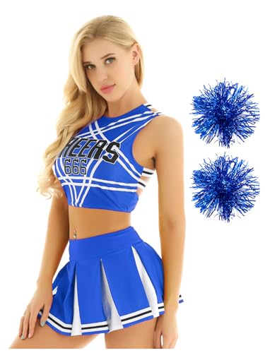 Manyakai Cheerleaderin Kostüm Damen Sexy Schulmädchen Uniform Neckholder Crop Top Mit Faltenrock Schleife Stirnband Pompoms Und Strümpfe Tanzkleidung Blau D XXL von Manyakai