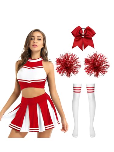 Manyakai Cheerleaderin Kostüm Damen Sexy Schulmädchen Uniform Neckholder Crop Top Mit Faltenrock Schleife Stirnband Pompoms Und Strümpfe Tanzkleidung Rot A XL von Manyakai