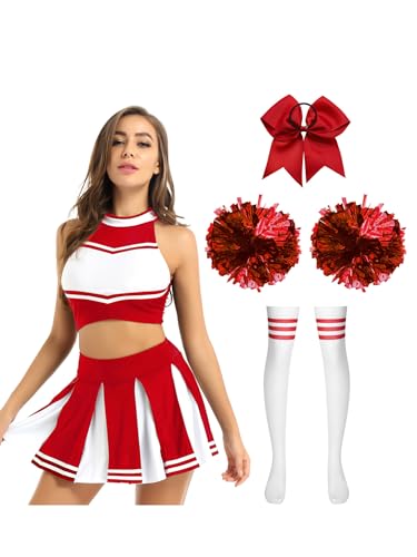 Manyakai Cheerleaderin Kostüm Damen Sexy Schulmädchen Uniform Neckholder Crop Top Mit Faltenrock Schleife Stirnband Pompoms Und Strümpfe Tanzkleidung Rot B M von Manyakai