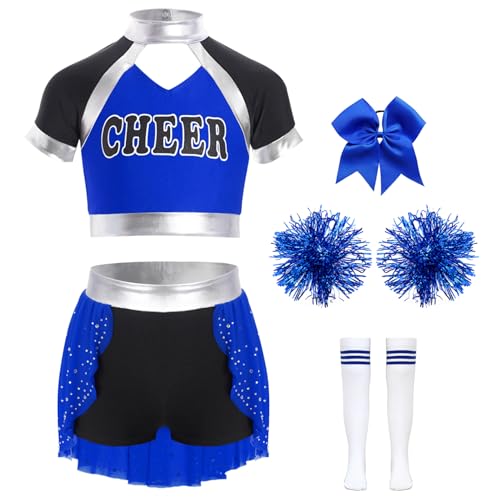 Manyakai Cheerleadering Kostüm für Mädchen Cheer Leaderin Uniform mit Pompoms Schleife Haarbänder und Socken Halloween Kostüm Blau 122-128 Manyakai Cheerleadering Kostüm für Mädchen Cheer Leaderin Uniform mit Pompoms Schleife Haarbänder und Socken Halloween Kostüm Blau 122-128 von Manyakai