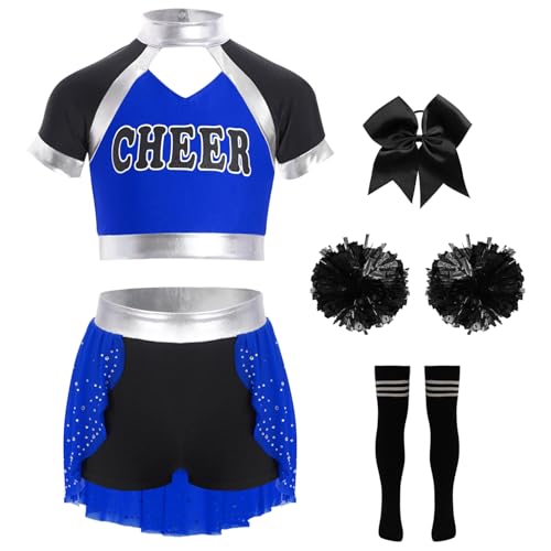 Manyakai Cheerleadering Kostüm für Mädchen Cheer Leaderin Uniform mit Pompoms Schleife Haarbänder und Socken Halloween Kostüm Blau Schwarz 146-152 von Manyakai