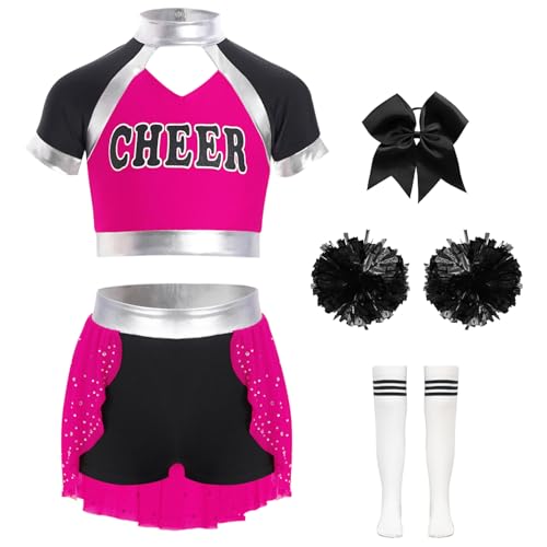 Manyakai Cheerleadering Kostüm für Mädchen Cheer Leaderin Uniform mit Pompoms Schleife Haarbänder und Socken Halloween Kostüm Hot Pink 134-140 von Manyakai