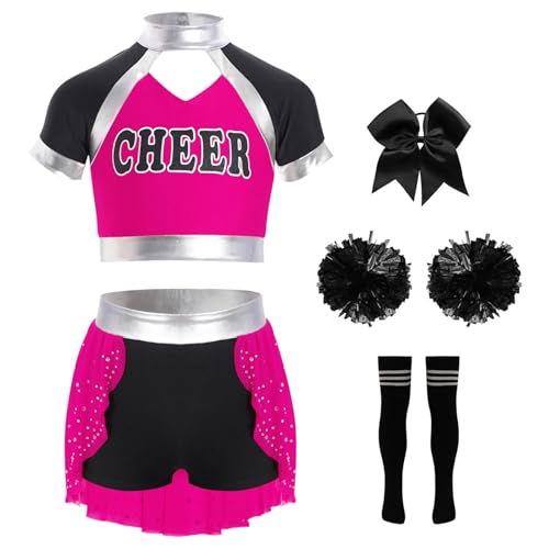 Manyakai Cheerleadering Kostüm für Mädchen Cheer Leaderin Uniform mit Pompoms Schleife Haarbänder und Socken Halloween Kostüm Hot Pink & Schwarz 158-164 von Manyakai