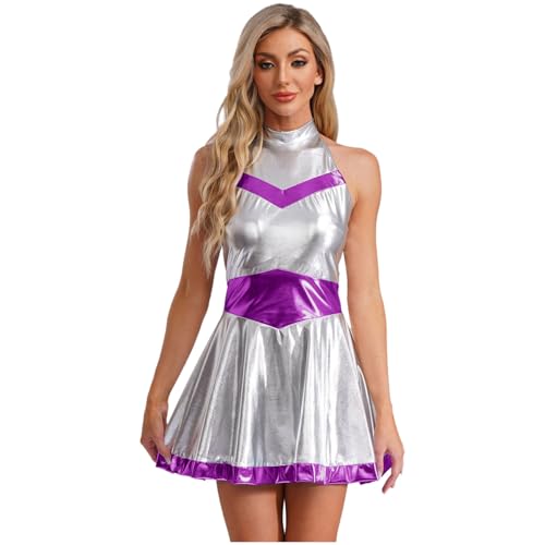 Manyakai Damen Astronauten Kostüm Metallic Shiny Kleid Alien Kleid Neckholder Kurzes Kleid Fasching Karneval Cosplay Verkleidung Violett 4XL von Manyakai