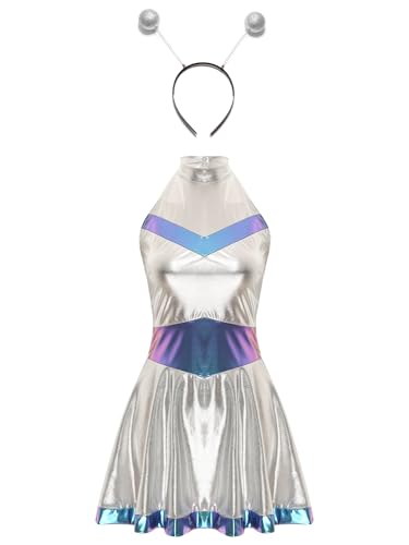 Manyakai Damen Astronauten Kostüm Space Girl Kleid Tüllrock Glänzend mit Stirnband Fashing Karneval Cosplay Blau 3XL von Manyakai
