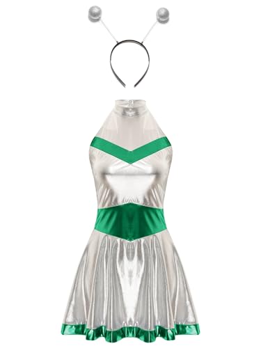 Manyakai Damen Astronauten Kostüm Space Girl Kleid Tüllrock Glänzend mit Stirnband Fashing Karneval Cosplay Grün 4XL von Manyakai