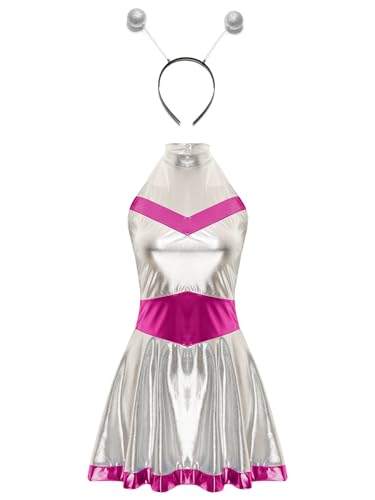 Manyakai Damen Astronauten Kostüm Space Girl Kleid Tüllrock Glänzend mit Stirnband Fashing Karneval Cosplay Hot Pink 4XL von Manyakai