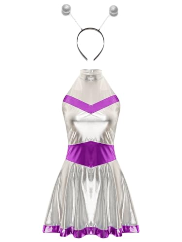 Manyakai Damen Astronauten Kostüm Space Girl Kleid Tüllrock Glänzend mit Stirnband Fashing Karneval Cosplay Violett XXL von Manyakai