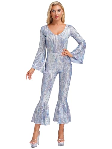 Manyakai Damen Glänzend Jumpsuit Disco Outfit Jumpsuit Bodysuit Overall 70er 80er Jahre Fasching Hippie Kostüm Silber XXL Manyakai Damen Glänzend Jumpsuit Disco Outfit Jumpsuit Bodysuit Overall 70er 80er Jahre Fasching Hippie Kostüm Silber XXL von Manyakai