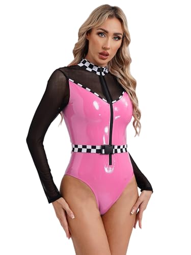 Manyakai Damen Rennfahrer Kostüm Overall Langarm Einteilige Jumpsuit mit Gürtel Dress up Leotard Leotard Für Fasching Karneval Rosa 3XL Manyakai Damen Rennfahrer Kostüm Overall Langarm Einteilige Jumpsuit mit Gürtel Dress up Leotard Leotard Für Fasching Karneval Rosa 3XL von Manyakai