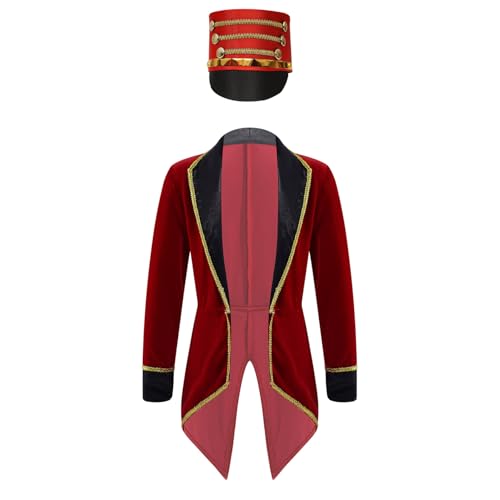 Manyakai Kinder Unisex Zirkus Kostüm Mantel Frack Jacke Mantel Gothic Gehrock Lange Jacke mit Hut Zirkusdirektor Halloween Outfits Burgundy 158-164 von Manyakai