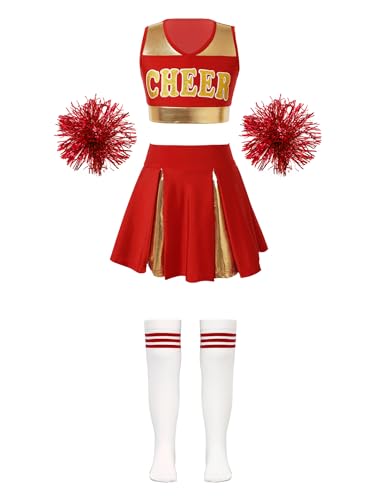 Manyakai Mädchen Cheer Leader kleid mit Pompoms und Socken Mittelschule Cheerleading Uniform Kostüm Für Fasching Karneval Cosplay Rot G 158-164 von Manyakai