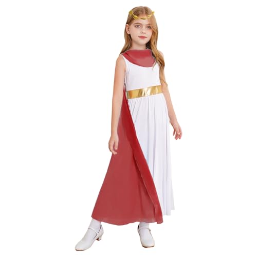 Manyakai Mädchen Halloween Griechische Göttin Kostüm Römerin Mittelalter Kleid mit Stirnband Karneval Fasching Burgundy 146-152 von Manyakai