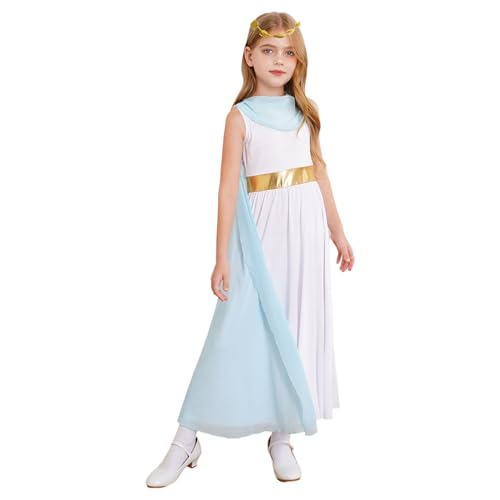 Manyakai Mädchen Halloween Griechische Göttin Kostüm Römerin Mittelalter Kleid mit Stirnband Karneval Fasching Hellblau 170 von Manyakai