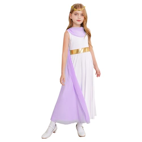 Manyakai Mädchen Halloween Griechische Göttin Kostüm Römerin Mittelalter Kleid mit Stirnband Karneval Fasching Lavendel| 134-140 von Manyakai