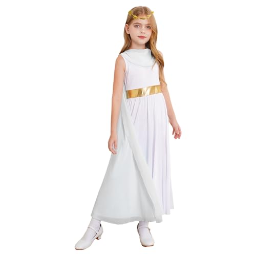 Manyakai Mädchen Halloween Griechische Göttin Kostüm Römerin Mittelalter Kleid mit Stirnband Karneval Fasching Weiß 146-152 von Manyakai
