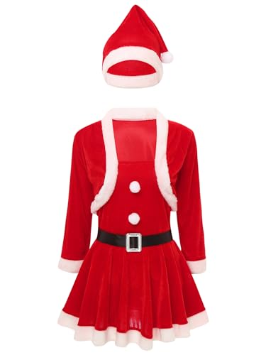Manyakai Weihnachtskostüm Damen Langarm Samt Jacke Bolero Fellbesatz Minirock Mit Gütel Und Rot Weihnachtshut 4tlg Weihnachtsfeier Outfit Rot XXL von Manyakai