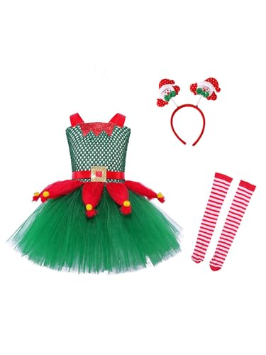 Manyakai kinder mädchen Weihnachtswichtel kostüm festliches kleid Ärmellos partykleid a linien mit weihnachtsmann stirnband streifen kniestrümpfe outfits Grün Rot 92-98 von Manyakai