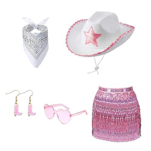 80er Jahre Damen Kostüm Set Lady Accessoires Bandana Ohrring Sonnenbrille Western Cowgirl Hut Erwachsene Rockstars Cooles Outfit von Maouira