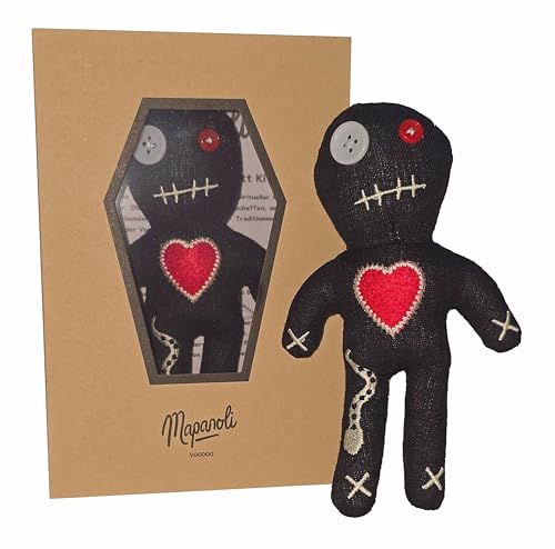 Voodoo Puppe mit Nadeln, schwarz, Sarg Box und Anleitung (extra groß 16cm handgemacht) | Lustiges Geschenk für Freunde, Kollegen, Chef | Hochzeit oder Jobwechsel (Voodoo-Puppe Komplett Set) von Mapanoli