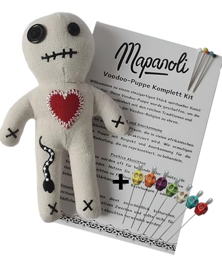 Voodoo Puppe mit Voodoo Nadeln, Sarg Box und Anleitung (extra groß 16cm handgemacht) - Set mit extragroßen Totenkopfnadeln | Lustiges Geschenk für Freunde, Kollegen, Chef | Hochzeit oder Jobwechsel von Mapanoli
