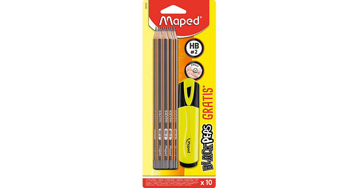 Bleistifte Black' Peps HB, 10 Stück, inkl. Leuchtmarker von Maped
