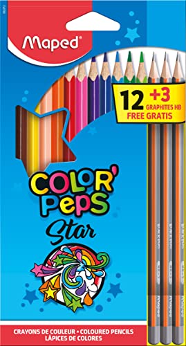 Maped 832272 - 12x Buntstifte, Farbstifte COLOR'PEPS und 3x Bleistifte GRAPH'PEPS, 15 Stück (1er Pack) von Maped