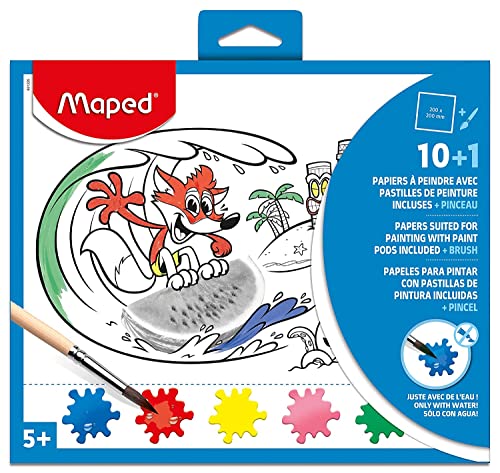 Maped - Aktivitäten zum Ausmalen - Malpapier - Inklusive Farbe und Pinsel - Befeuchtet und einsatzbereit - 10 Verschiedene Illustrationen von Maped