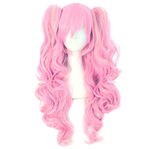 MapofBeauty farbige Lolita lange lockige geheftet auf Pferdeschwanz Cosplay Perücke (rosa/blond) von MapofBeauty