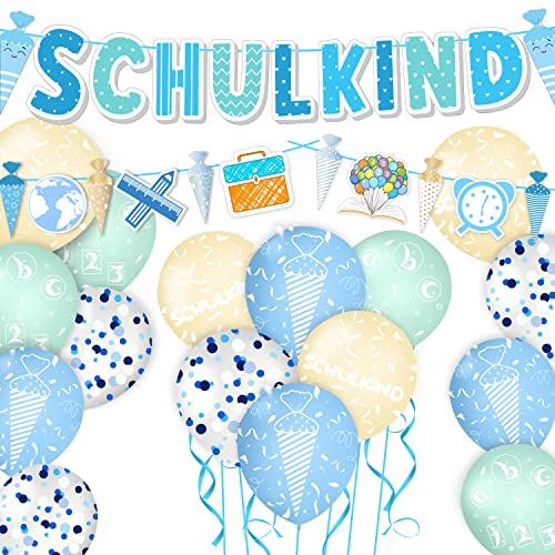 Maqhpu Deko Einschulung Junge, Einschulung Deko Blau, Schulanfang Jungen, 1x Schulkind Deko Girlande, 1x Schultüte Banner mit ABC, 12x Zuckertüte Luftballons mit ABC, 4x Blau Pailletten Ballons von Maqhpu