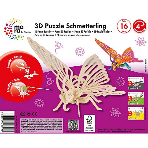 Mara by Marabu 046000011-3D Holzpuzzle Schmetterling, FSC 100 prozent, 16-Teile von Marabu