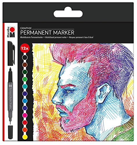 Marabu 0147000000100 - Permanent Marker Graphix 12er Set Significant, mit Doppelspitze 1-2 mm und 0,5 mm, brillante Farben, schnelltrocknende, alkoholbasierte Tinte, geruchsarm und wasserfest von Marabu