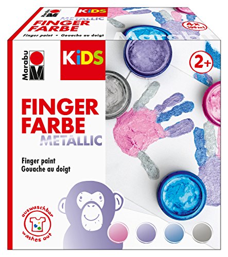 Marabu 0303000000084 - Kids Fingerfarbe Set mit 4 Metallic Farben á 100 ml, vegan, parabenfrei, laktosefrei, glutenfrei, zum Malen in Kindergarten, Schule, Therapie und zu Hause - Metalliceffekt von Marabu