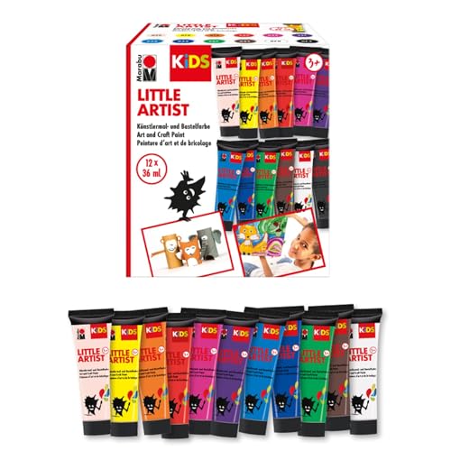 Marabu KiDS Little Artist, 12 x 36 ml Künstlermal- und Bastelfarbe für Kinder ab 3 Jahren, Kindermalfarbe auf Wasserbasis, auswaschbar, vegan, glutenfrei, Made in Germany, 0305000000102 von Marabu