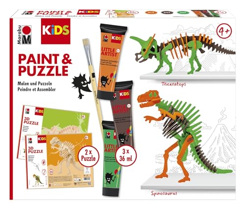 Marabu 0305000000110 - KiDS Little Artist, 3D Puzzle Set, Motiv Dinosaurier, Mal- und Puzzlebox mit 2 Tierfiguren, 3 x 36 ml Farbe, vegan, für Kinder ab 4 Jahre, Mittel von Marabu