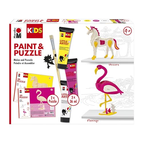 Marabu 0305000000111 - KiDS Little Artist Set Flamingo & Einhorn, Mal- und Puzzlebox mit 2 Tierfiguren, 3 x 36 ml Farbe, vegan, Mittel von Marabu